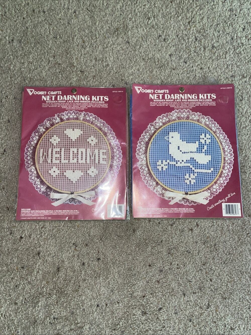 Vogart Crafts Net Darning Kits (2) Bird Hoop Ribbon Lace 8" Round Brand New